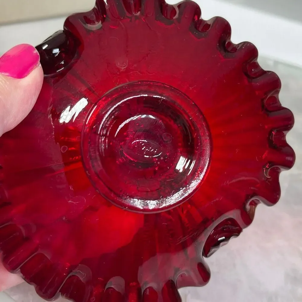 Vintage Fenton Ruby Red thumbprint basket with rose bottom signed
